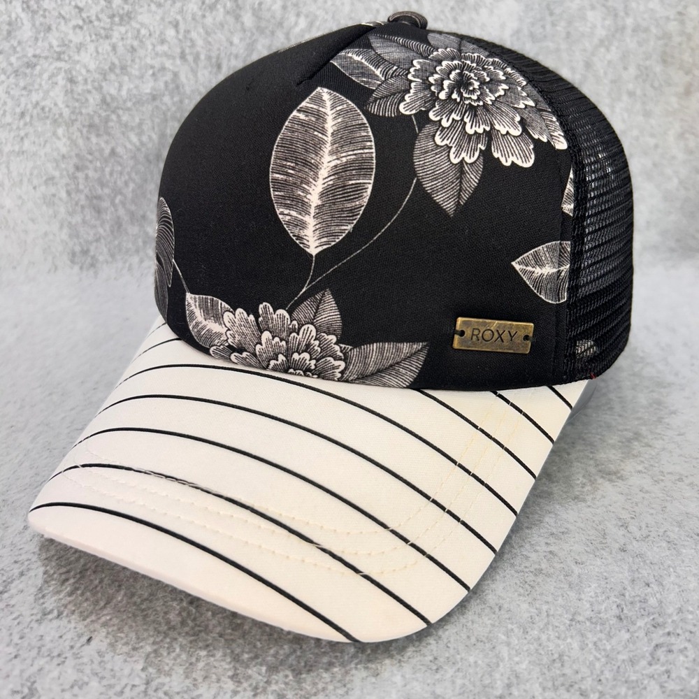 Floral Stripe Womens Black Roxy Trucker Hat Snapback Mesh OSFM